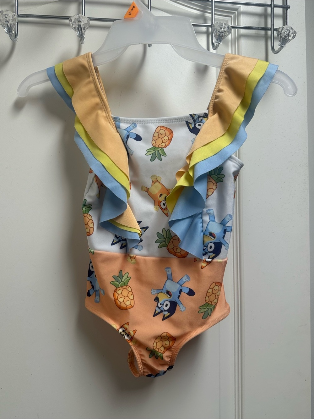 Girls Bluey Bingo Pineapple Ruffle One-Piece Swimsuit - Peach, White, Blue